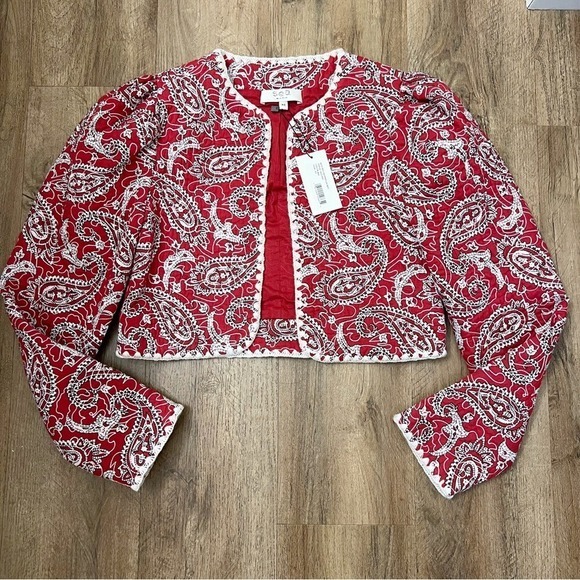 Sea NY Theodora Red Quilted Cropped Jacket Puff Shoulder Paisley - Picture 8 of 12